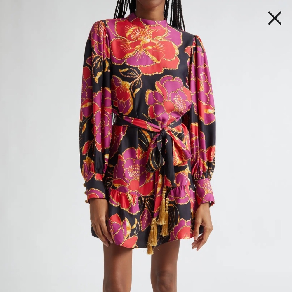 Farm Rio Shiny Chita Floral Print Long Sleeve Mini Dress Size S
